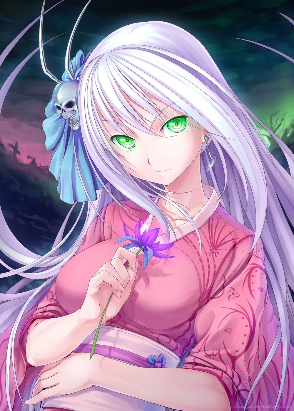 atomix breasts earrings expressionless flower green_eyes hair_ornament highres japanese_clothes jewelry kimono large_breasts lavender_hair long_hair looking_at_viewer original scythe skull_hair_ornament solo upper_body yukata