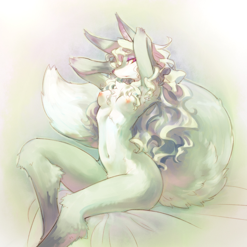 arms_behind_head breasts canine chest_tuft cotora female fox fur hair japanese long_hair looking_at_viewer mammal nipples nude purple_eyes sitting solo tuft white_fur white_hair
