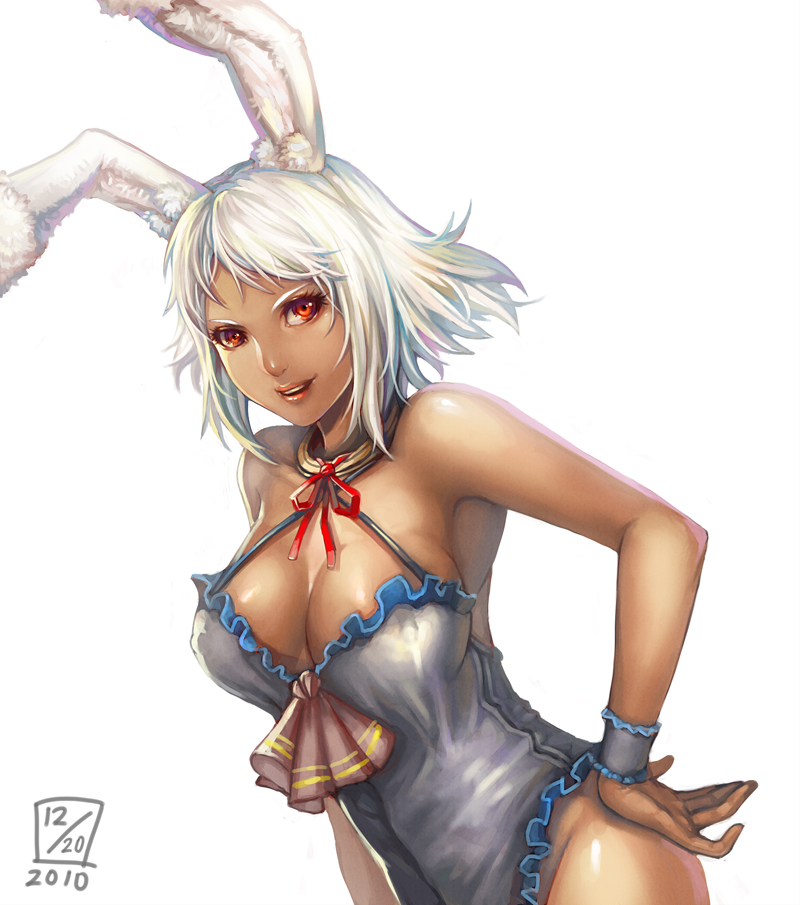 2010 animal_ears bad_id bad_pixiv_id bare_shoulders breasts bunny_ears cleavage dark_skin hand_on_hip large_breasts leotard lieqi_hun lipstick makeup orange_eyes original parted_lips red_eyes short_hair simple_background solo white_hair wrist_cuffs