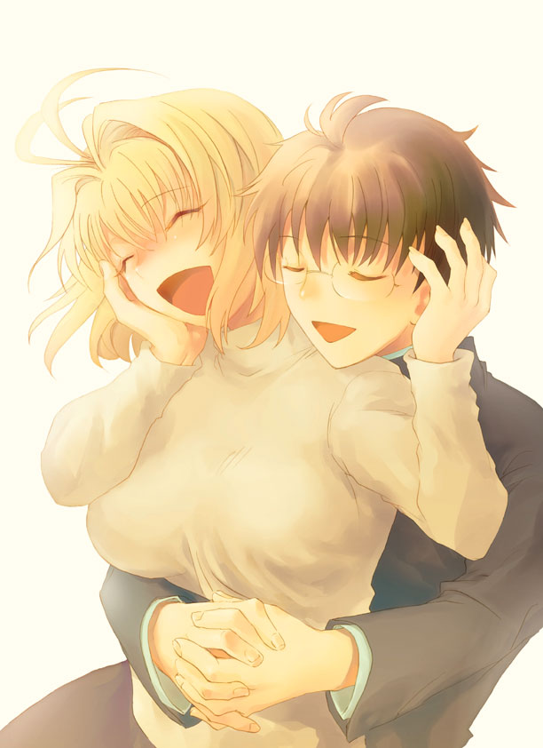 1girl arcueid_brunestud blonde_hair couple happy hetero hug hug_from_behind nichiru sweater toono_shiki tsukihime