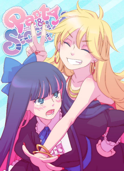2girls annoyed blonde_hair blue_eyes bracelets english eyes_closed frown grin lolita_fashion multicolored_hair multiple_girls nail_polish open_mouth panty_&amp;_stocking_with_garterbelt panty_(character) panty_(psg) pink_hair purple_hair red_dress short_hair siblings sisters stocking_(character) stocking_(psg)