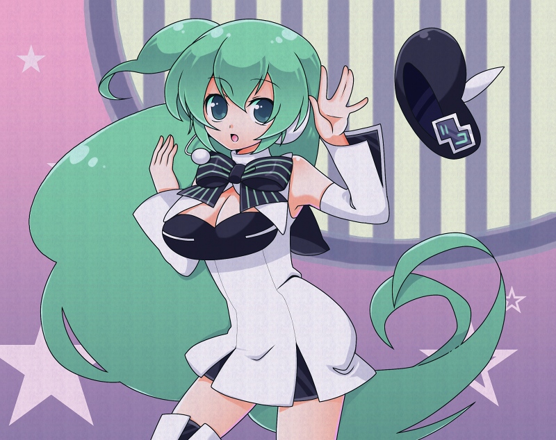 boots bow breasts cleavage detached_sleeves dress earphones green_hair hat hat_loss hat_removed headwear_removed long_hair macloid macne_nana medium_breasts sate_hatena short_dress solo surprised thigh_boots thighhighs