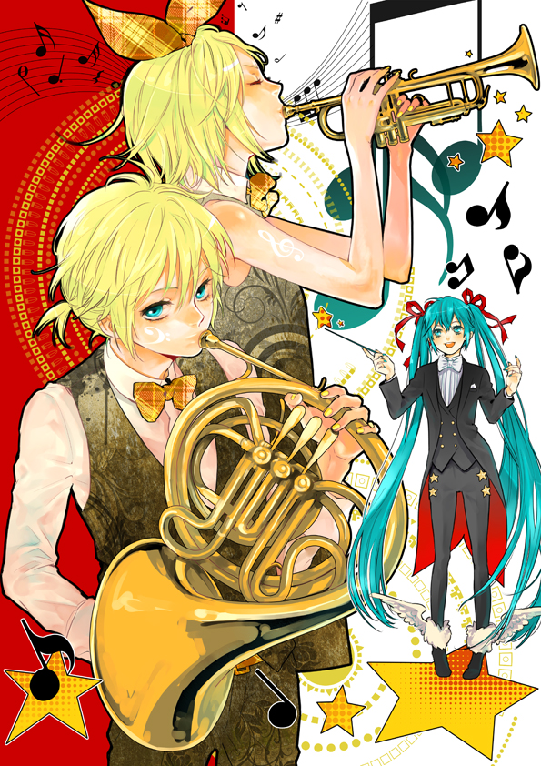 2girls aqua_eyes aqua_hair bass_clef baton_(instrument) beamed_eighth_notes blonde_hair bow bowtie closed_eyes conductor dotted_quarter_note eighth_note eighth_rest formal french_horn hair_ribbon half_note hatsune_miku instrument kagamine_len kagamine_rin long_hair long_sleeves multiple_girls musical_note nail_polish open_mouth pants quarter_note quarter_rest ribbon sharp_sign shirt shoes short_ponytail siblings sixteenth_note sleeveless sleeveless_shirt star tailcoat treble_clef trumpet twins twintails very_long_hair vest vocaloid waistcoat winged_shoes wings yellow_nails yooani