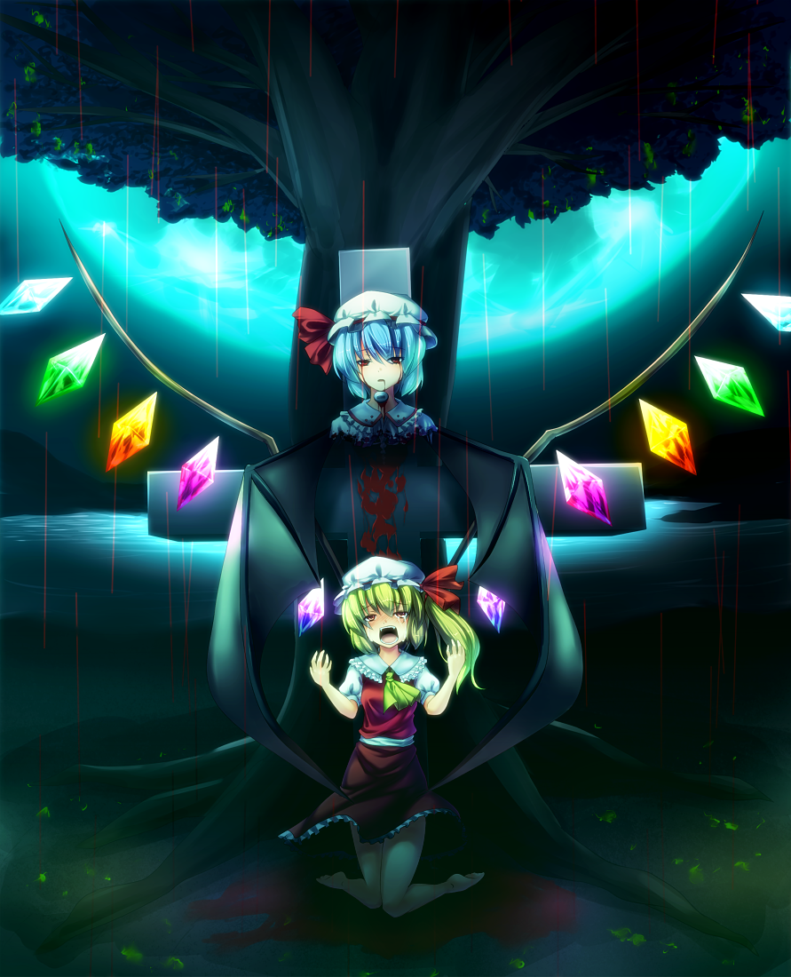 blonde_hair blood blood_on_face blue_hair cross crying crying_with_eyes_open flandre_scarlet guro hat kneeling multiple_girls red_eyes remilia_scarlet ryosios short_hair siblings side_ponytail sisters spine tears touhou tree