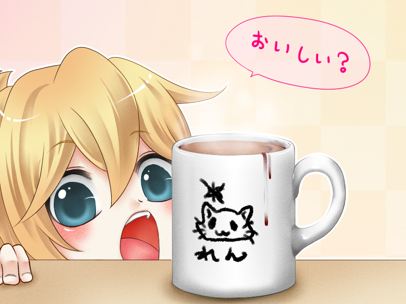 aqua_eyes blonde_hair cat child coffee cup kagamine_len mug open_mouth sacchon vocaloid
