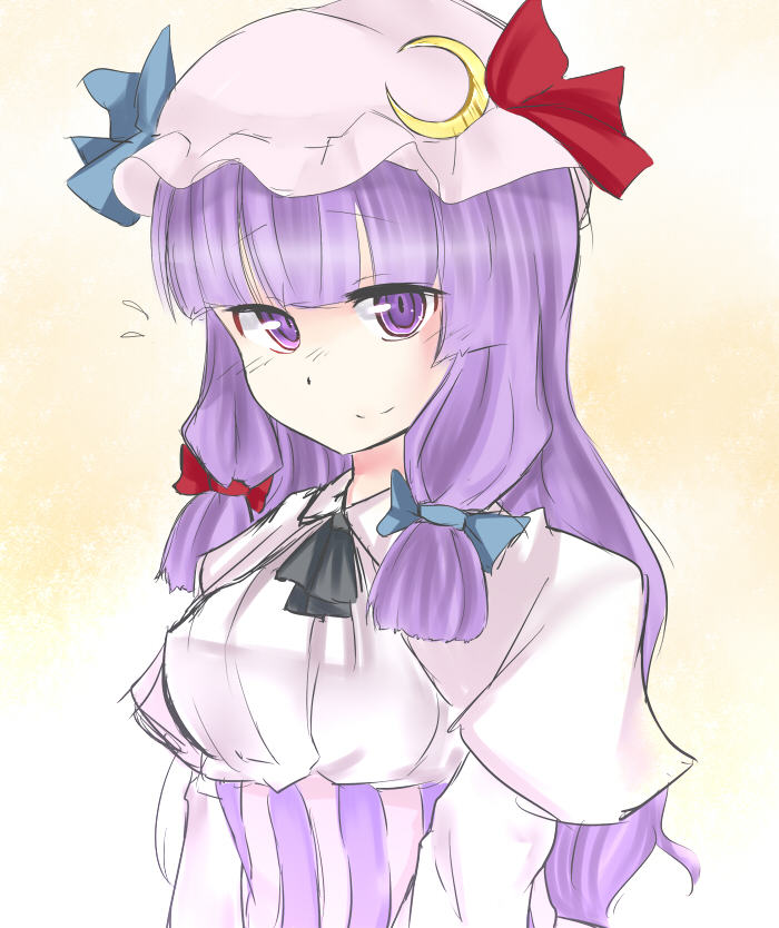 1girl bad_id bad_pixiv_id bow crescent hair_bow hat hat_ribbon long_hair patchouli_knowledge purple_eyes purple_hair ribbon smile solo touhou