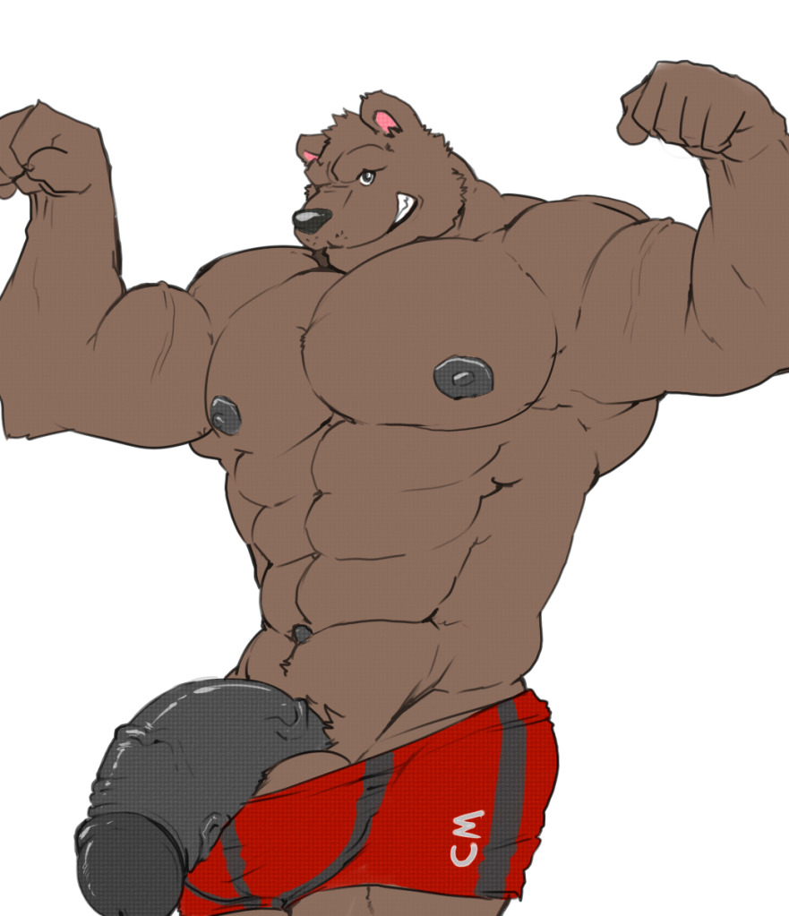 anthro balls bear biceps big big_muscles big_penis cursedmarked erection flexing grizzly_bear male mammal muscles nude pecs penis plain_background pop_out pose snikch solo underwear white_background