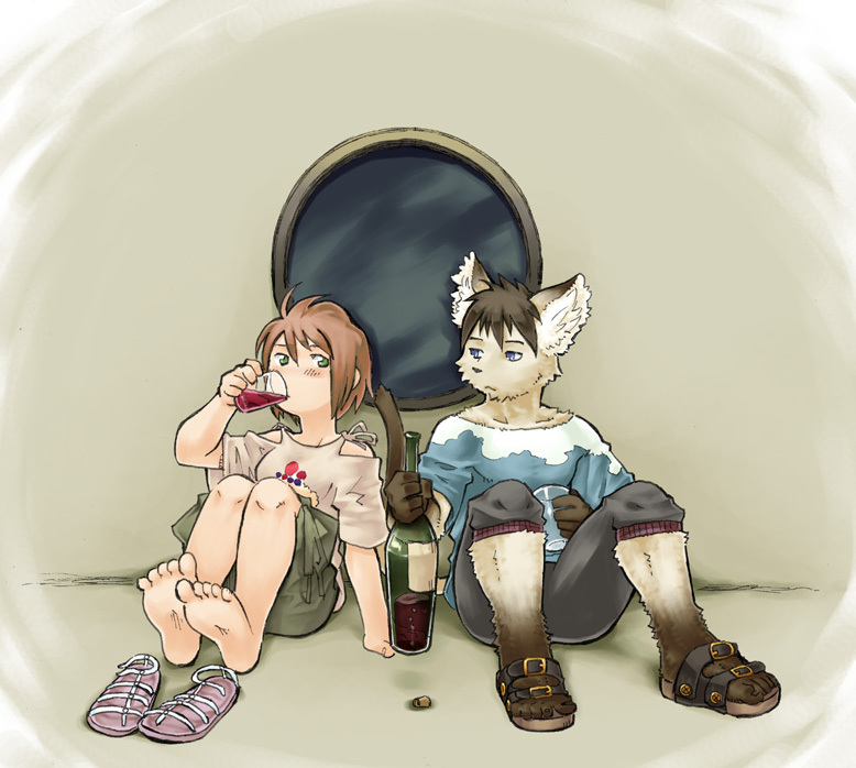 anthro beverage blush bottle canine drunk duo female fox human mammal sandals sitting tinamixive wine