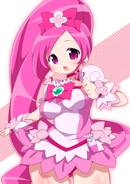 bad_id bad_pixiv_id bow breasts choker cure_blossom hanasaki_tsubomi heart heartcatch_precure! large_breasts long_hair magical_girl meiro_(yuu) open_mouth pink pink_bow pink_choker pink_eyes pink_hair ponytail precure skirt solo