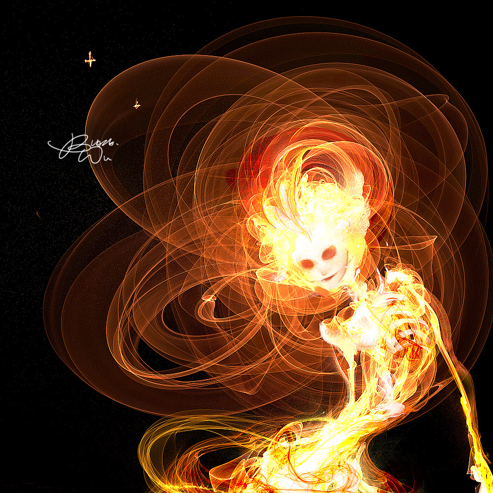 blaze_wu fire light looking_at_viewer no_humans original signature simple_background skeleton smile solo upper_body x-ray