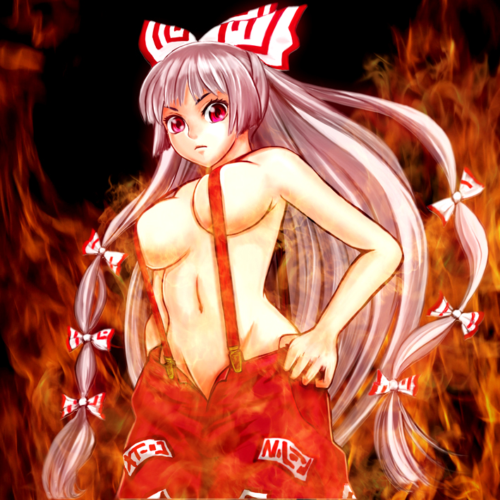bow breasts fire fujiwara_no_mokou groin hair_bow hand_on_hip large_bow large_breasts long_hair naked_suspenders navel no_panties red_eyes revealing_clothes silver_hair solo suspenders topless touhou very_long_hair yamasan_(hachiman)