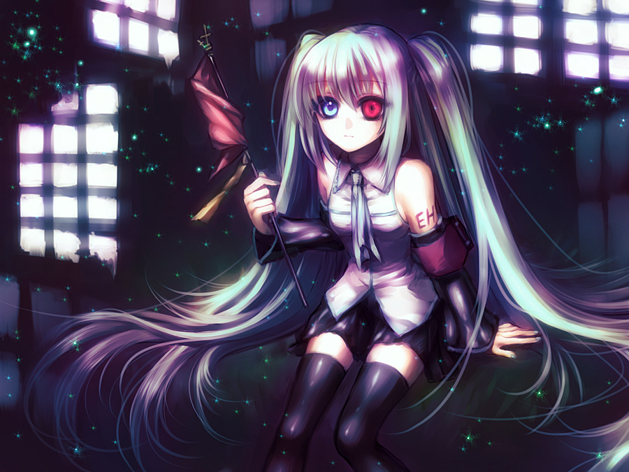 arm_support armband bad_id bad_pixiv_id bangs bare_shoulders black_footwear black_skirt blue_eyes boots collared_shirt dark detached_sleeves eyebrows_visible_through_hair glowing grey_shirt hair_ornament hatsune_miku headphones heterochromia holding indoors io_(metronome) long_hair long_sleeves looking_at_viewer miniskirt necktie pleated_skirt red_eyes shirt silver_hair sitting skirt solo tareme tattoo thigh_boots thighhighs twintails very_long_hair vocaloid window zettai_ryouiki