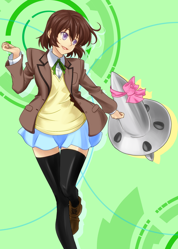 amia_lee black_legwear blazer brown_hair chuu_(rinet) els green_background gundam gundam_00 gundam_00_a_wakening_of_the_trailblazer jacket mole open_mouth purple_eyes school_uniform short_hair skirt thighhighs zettai_ryouiki