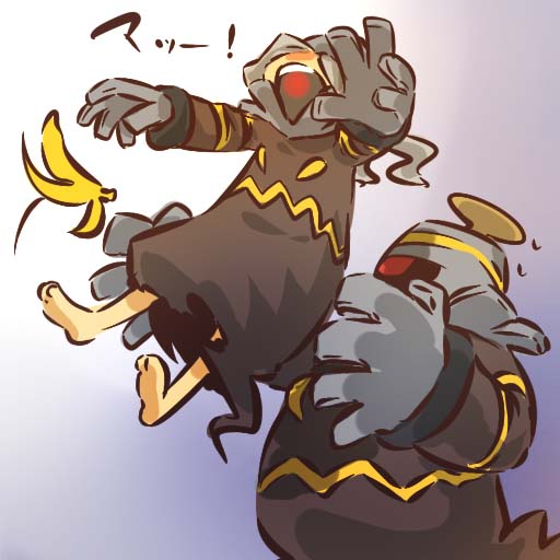 banana_peel barefoot dress dusknoir gen_4_pokemon glowing grey_hair hitec moemon open_mouth personification pokemon pokemon_(creature) sweatdrop translation_request