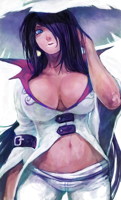 bad_id bad_pixiv_id black_hair blue_eyes breasts cleavage earrings hair_over_one_eye hat jewelry lack large_breasts long_hair midriff navel original solo very_long_hair