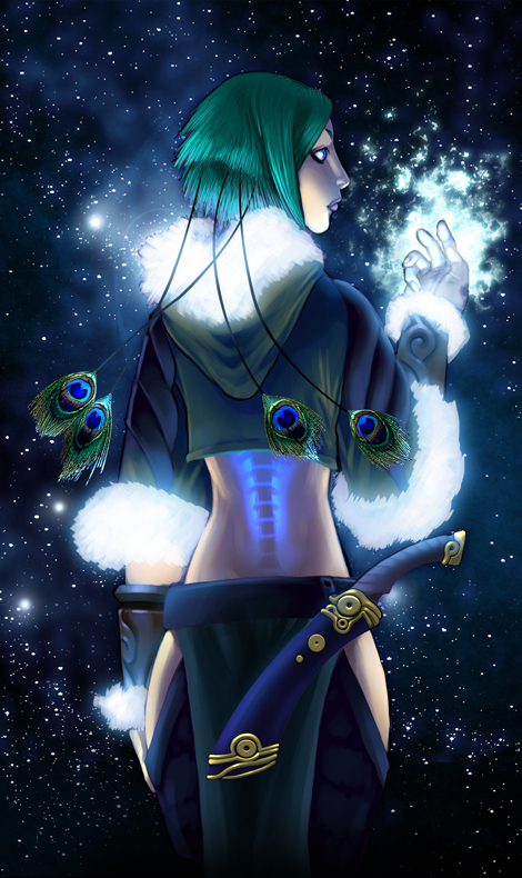 blue_eyes clothed clothing female from_behind green_hair hair human magic mammal solo sunamori weapon