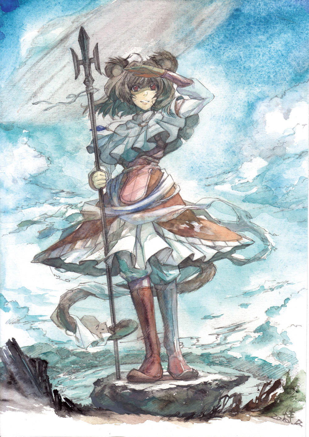 adapted_costume alternate_costume animal_ears arm_up bad_id bad_pixiv_id boots capelet grey_hair highres jewelry knee_boots koyomiuta mouse mouse_ears mouse_tail nazrin pendant polearm red_eyes short_hair solo spear tail touhou traditional_media watercolor_(medium) weapon