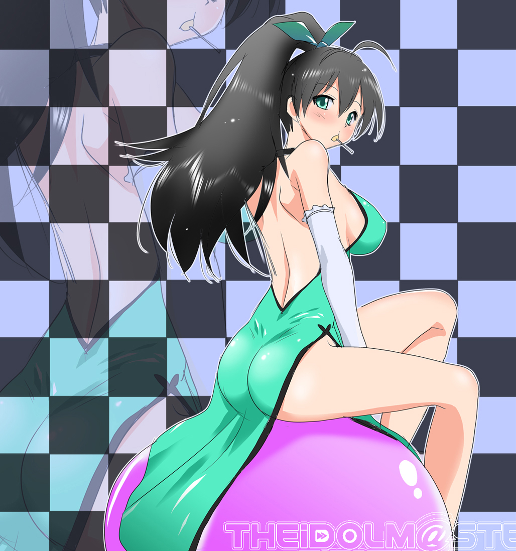 ahoge ass backless_dress backless_outfit bad_id bad_pixiv_id bare_back black_hair breasts candy dress elbow_gloves food ganaha_hibiki gloves green_eyes high_ponytail idolmaster idolmaster_(classic) large_breasts legs lollipop long_hair long_legs marugoshi_teppei mouth_hold ponytail side_slit sideboob sitting solo thighs zoom_layer
