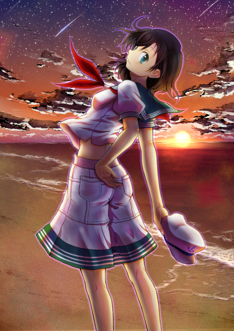 ahoge anchor arms_behind_back beach black_hair breasts cloud green_eyes hat hat_removed headwear_removed leaning_back midriff murasa_minamitsu neckerchief ocean qontamblue sailor sailor_hat short_hair shorts sky small_breasts smile solo star star_(sky) starry_sky sun sunset touhou