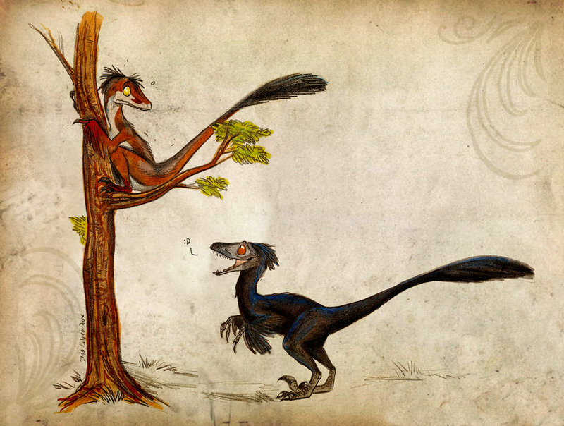 2010 :d culpeofox dinosaur feral male open_mouth raptor red_eyes scalie tail tree yellow_eyes