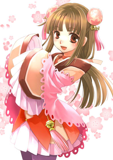 bell brown_eyes brown_hair japanese_clothes kawazoe_mariko kimono long_hair pantyhose ponytail rune_factory rune_factory_3 sakuya_(rune_factory) solo tassel