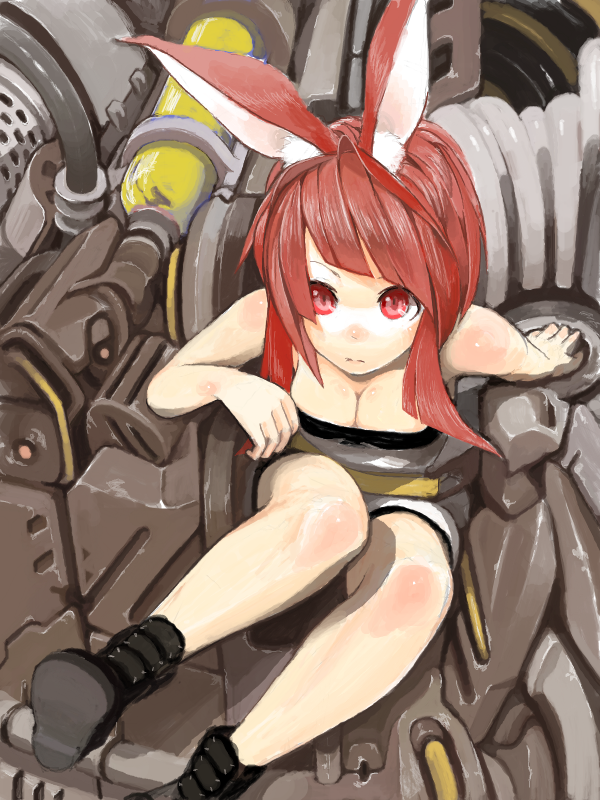 animal_ears boots breasts bunny_ears cleavage downblouse face long_hair machinery medium_breasts ocaca_(chocolate-hopper) original red_eyes red_hair solo