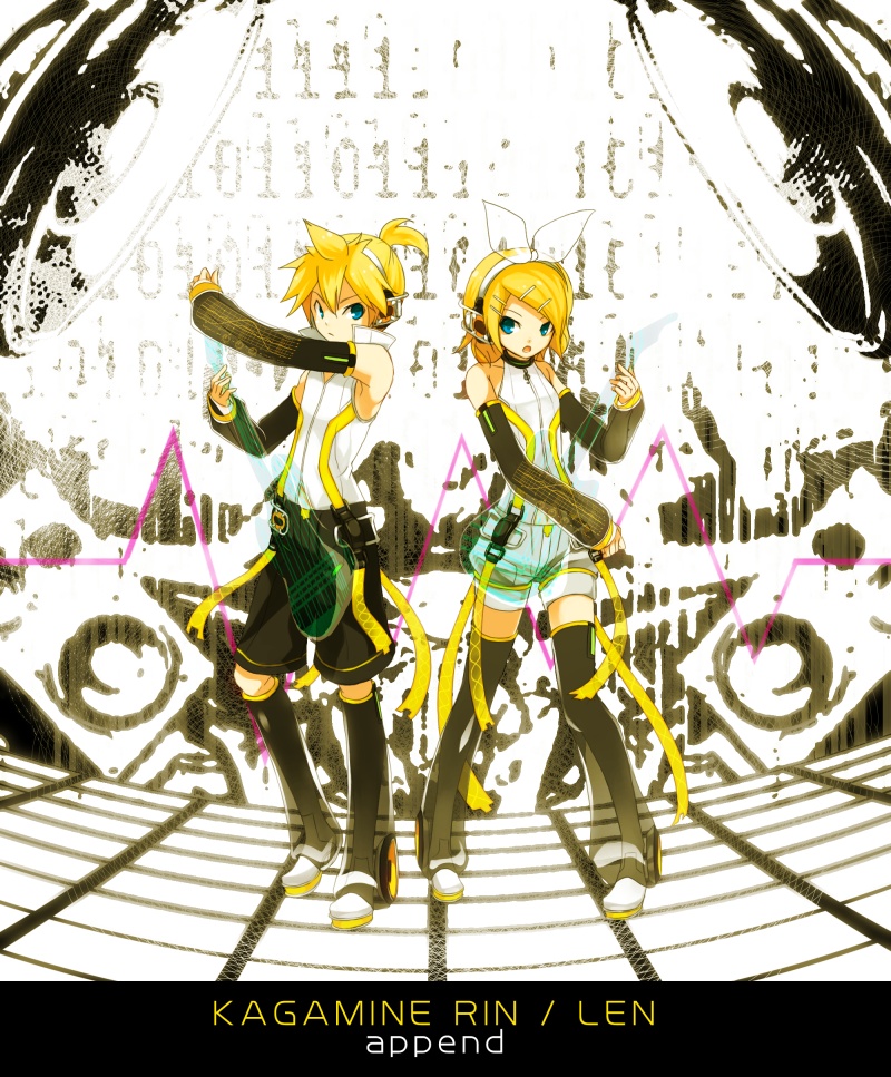 1girl aqua_eyes arm_warmers blonde_hair brother_and_sister detached_sleeves guitar hair_ornament hair_ribbon hairclip headphones instrument kagamine_len kagamine_len_(append) kagamine_rin kagamine_rin_(append) leg_warmers ribbon short_hair shorts siblings tomsan twins vocaloid vocaloid_append