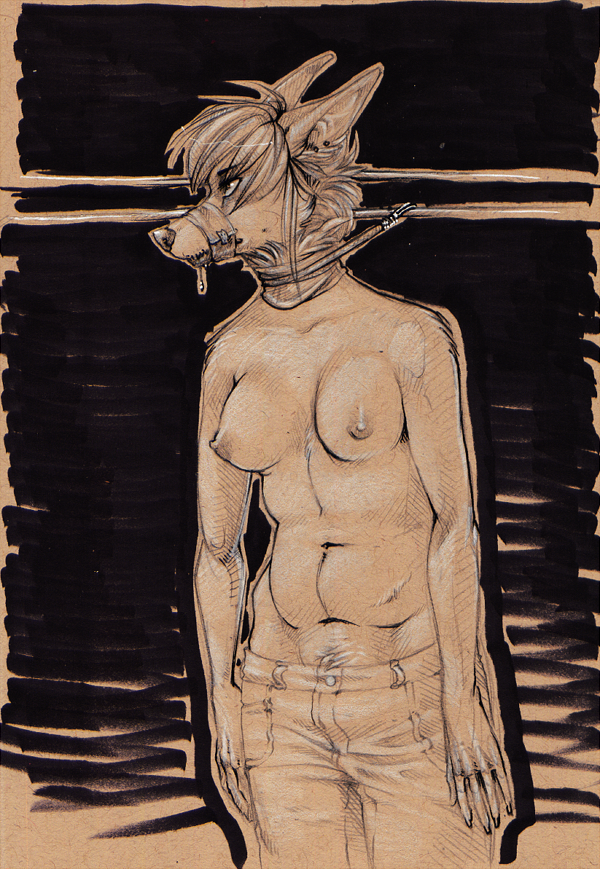 bound_muzzle breasts canine chalk ears_laid_back leashed looking_away marker mcarson pen recycled_paper solo topless