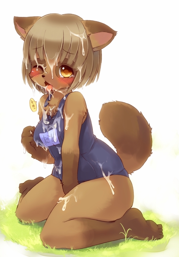 amber_eyes animal_ears barefoot blush breasts brown chest_tuft cum cum_covered cum_in_hair cum_in_mouth cum_on_breasts cum_on_hair cum_on_tongue embarrassed facial feet female full_body furry grass hair kemono kishibe kneeling looking_at_viewer nature one-piece_swimsuit one_eye_closed open_mouth outdoors outside paws plant raccoon school_swimsuit short_hair solo swimsuit tail tanuki tears toes tongue white_background wink