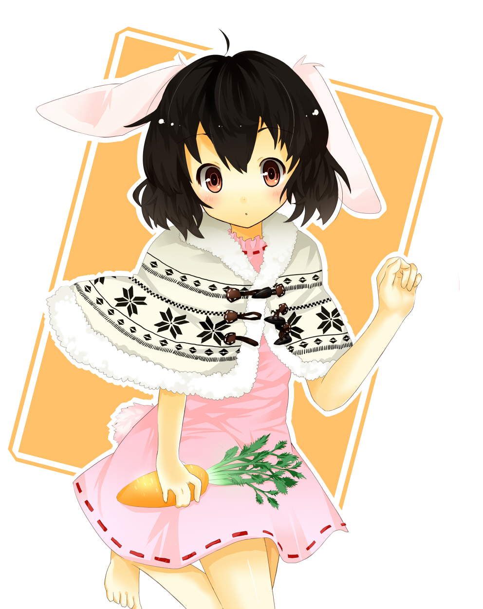 animal_ears barefoot black_hair bunny_ears bunny_tail capelet carrot fushimi_sameta highres inaba_tewi red_eyes solo tail touhou