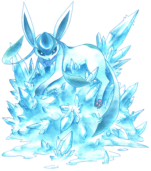 blue_eyes commentary_request creature gen_4_pokemon glaceon ibui_matsumoto ice looking_at_viewer lying marker_(medium) no_humans on_stomach pokemon pokemon_(creature) solo traditional_media watercolor_pencil_(medium) white_background
