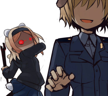 aleksandra_i_pokryshkin animal_ears bad_id bad_pixiv_id bear_girl blonde_hair brave_witches glowing glowing_eyes lowres military military_uniform multiple_girls null_(nyanpyoun) open_mouth pantyhose short_hair skirt smile tail uniform waltrud_krupinski world_witches_series wrench you_gonna_get_raped