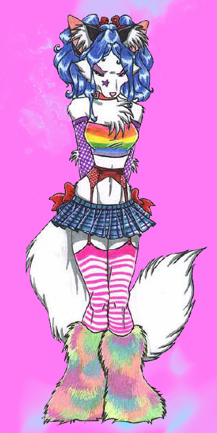 blue_hair canine female fluffy_boots hair pink rainbow raver skirt solo unknown_artist