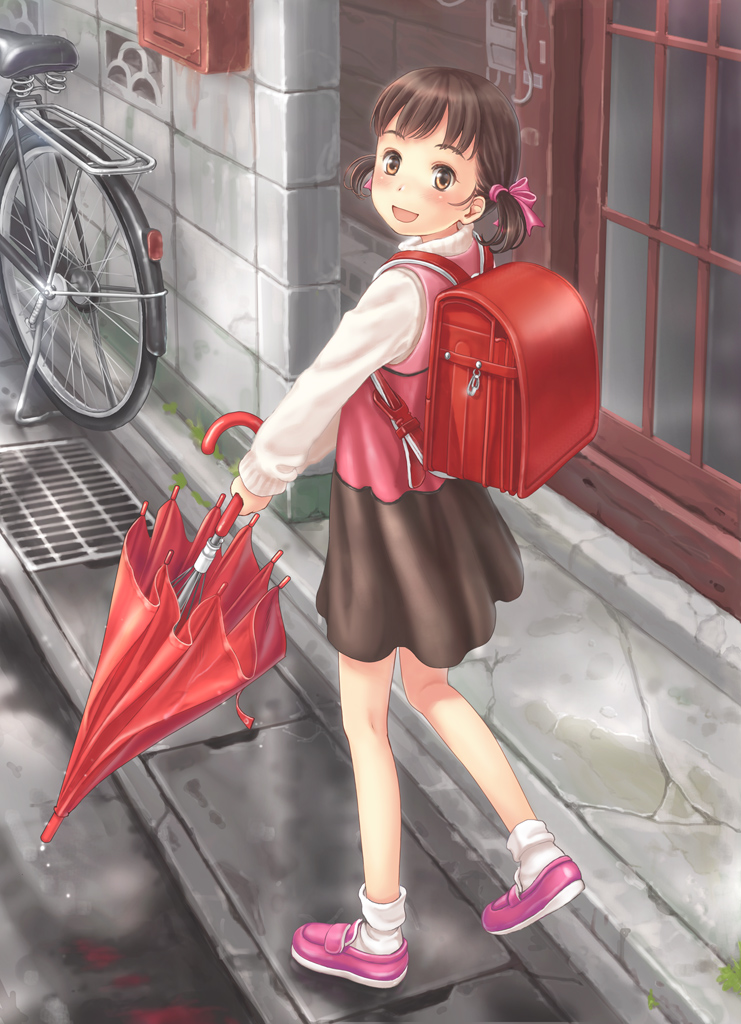 :d after_rain backpack bag bicycle black_skirt blush bobby_socks brown_eyes brown_hair child closed_umbrella day door doujima_nanako drain_(object) dripping full_body ground_vehicle hair_ribbon holding holding_umbrella long_sleeves looking_at_viewer looking_back looking_up mailbox_(incoming_mail) miniskirt open_mouth outdoors persona persona_4 pink_footwear pink_ribbon pink_vest randoseru red_umbrella ribbon saimon shoes short_hair short_twintails skirt smile socks solo twintails umbrella vest walking wall white_legwear