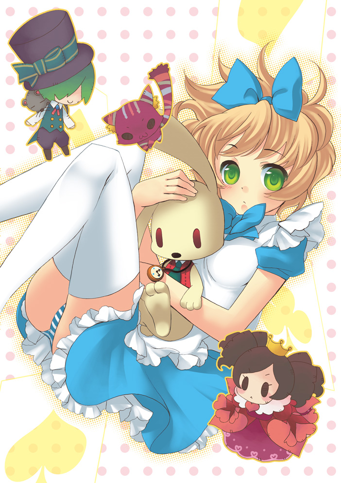 alice_(wonderland) alice_in_wonderland apron blonde_hair character_doll cheshire_cat dress green_eyes hair_ribbon mad_hatter panties queen_of_hearts ribbon striped striped_panties thighhighs touon underwear white_rabbit
