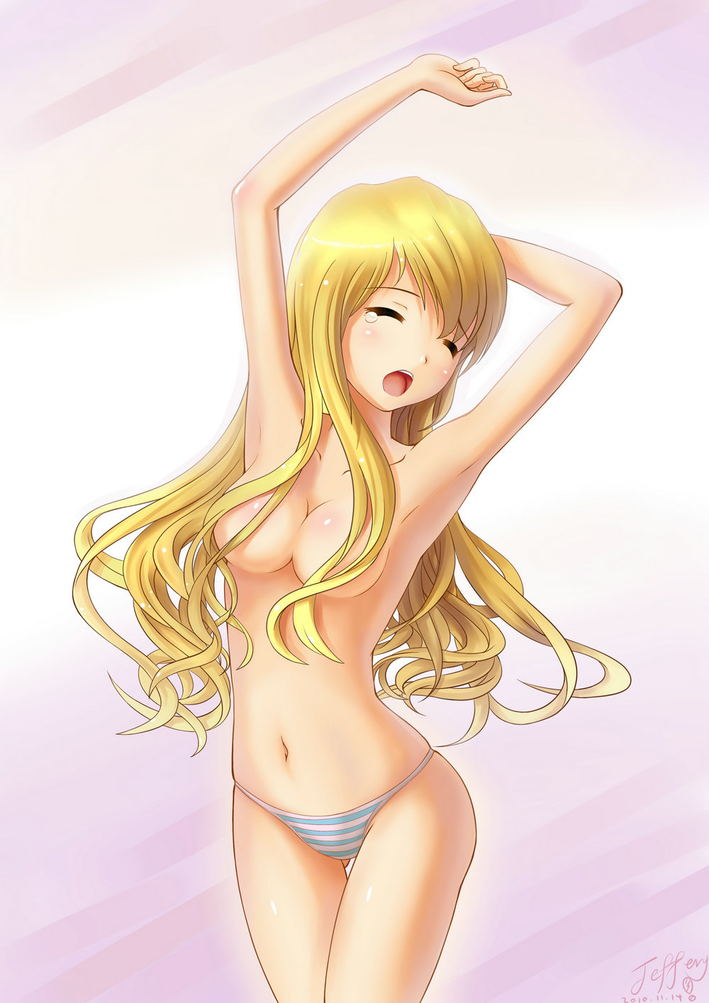 armpits bad_id bad_pixiv_id blonde_hair breasts censored closed_eyes convenient_censoring cowboy_shot hair_censor hair_over_breasts highres jeffery_(backam) long_hair medium_breasts navel open_mouth original panties solo stretch striped striped_panties tears thigh_gap topless underwear wavy_hair yawning