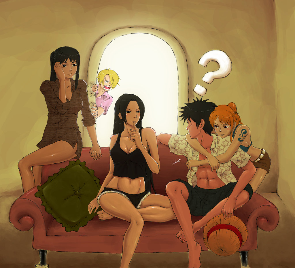 3girls ? abs artist_request bare_shoulders black_hair blush boa_hancock couch crack harem hat hug midriff monkey_d_luffy multiple_boys multiple_girls nami_(one_piece) navel nico_robin one_piece open_clothes open_mouth open_shirt orange_hair pillow pimp ponytail sanji scar shirt star straw_hat tattoo