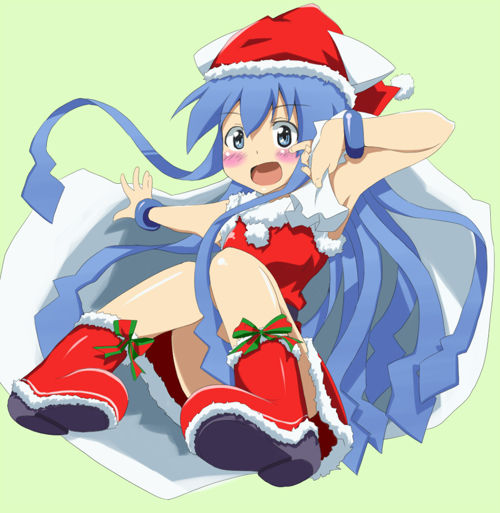 blue_eyes blue_hair dress hat ikamusume long_hair pman_(kazumi) santa_costume santa_hat shinryaku!_ikamusume solo tentacle_hair