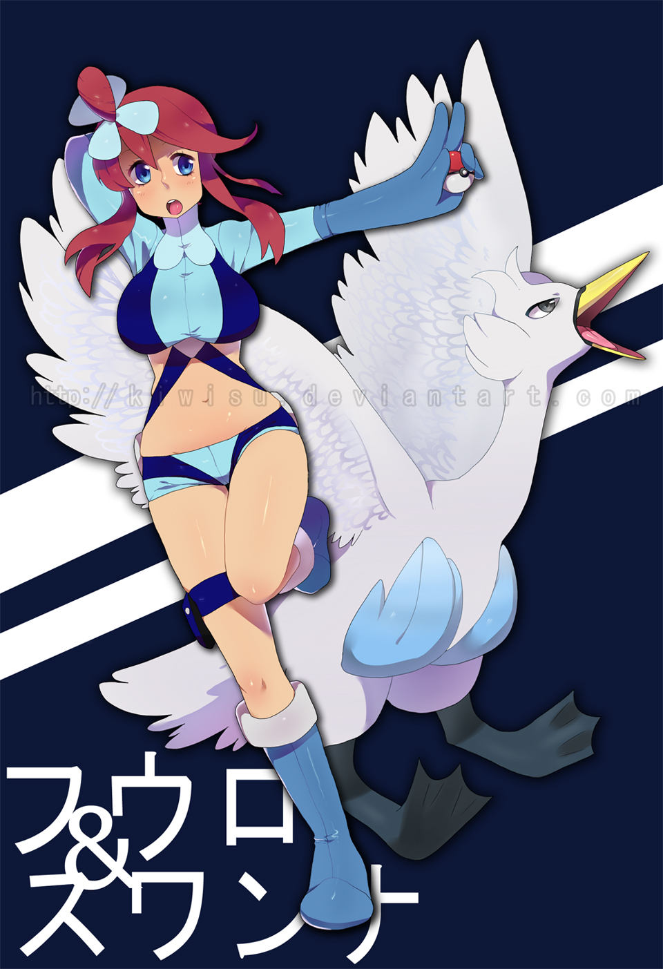 big_breasts blue_eyes boots breasts cleavage fuuro_(pokemon) gloves gym_leader highres large_breasts open_mouth poke_ball pokeball pokemon pokemon_(game) pokemon_black_and_white pokemon_bw red_hair shorts swana