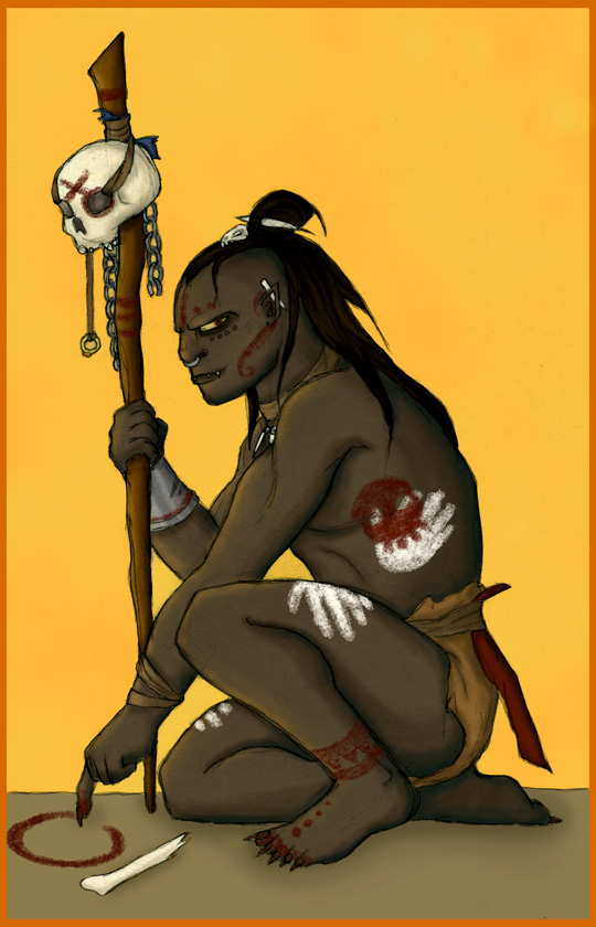 loincloth looking_at_viewer lord_of_the_rings magic_user piercing polearm red_eyes shaman skull staff tribal_spellcaster ulbandi underwear uruk-hai