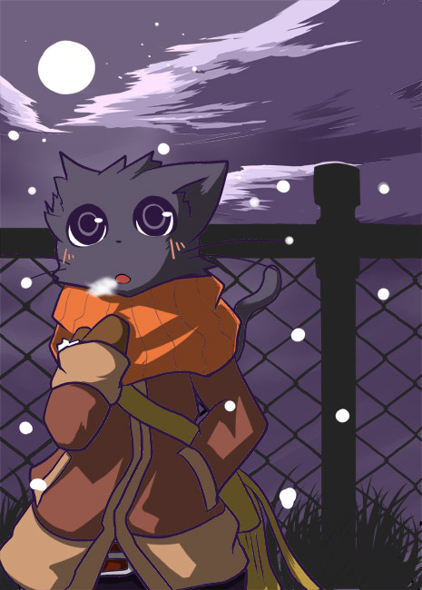 feline fence inubito male mammal purple_eyes snow solo