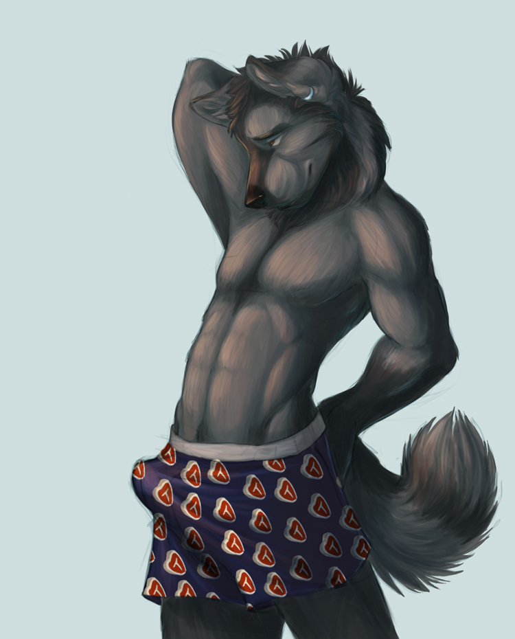 accidental_erection ares black_nose boxers bulge canine chibi-marrow ear_piercing earring erection male penis piercing solo underwear wolf