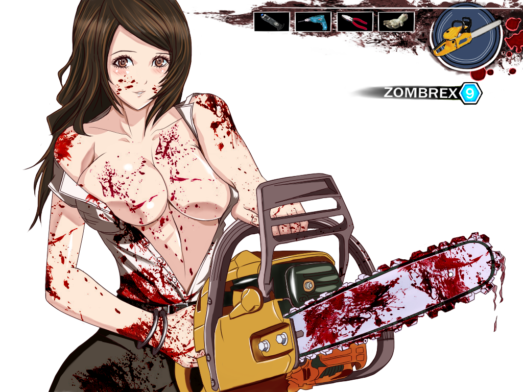 belt blood blush bracelet breasts brown_eyes brown_hair capcom chainsaw cleavage dead_rising dead_rising_2 death_is_13 dress_shirt female jewelry large_breasts long_hair miniskirt open_clothes open_shirt pixiv_manga_sample rebecca_chang red_ghost_(artist) shirt skirt solo white_background white_shirt