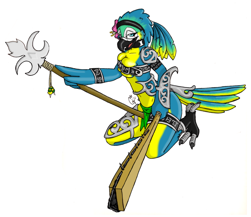 amazon armor avian beak bird blue-gold_macaw blue_eyes breasts cleavage clothed clothing feathers female flora_parrot glaive legwear looking_at_viewer macuahuitl parrot plain_background silvermidnight skimpy solo toeless_socks unconvincing_armor unconvincing_armour warrior weapon white_background