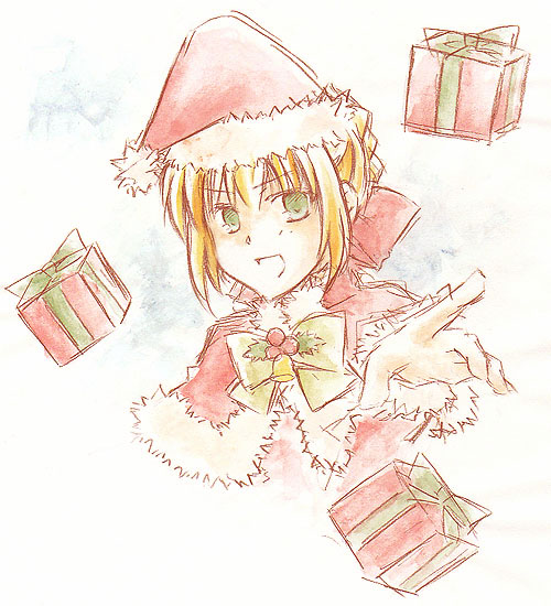 blonde_hair christmas fate/extra fate_(series) gift green_eyes nero_claudius_(fate) nero_claudius_(fate)_(all) ribbon santa_costume solo yuino_(knotes)