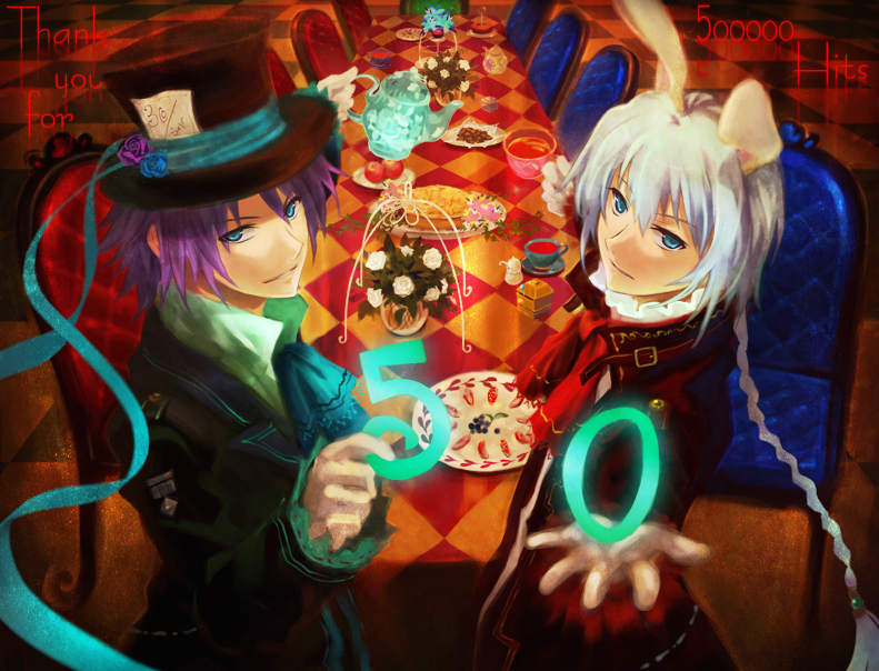 alice_in_wonderland animal_ears braid bunny_ears hat mad_hatter male_focus march_hare multiple_boys purple_hair puu_(aiko) saleh table tales_of_(series) tales_of_rebirth top_hat veigue_lungberg white_hair