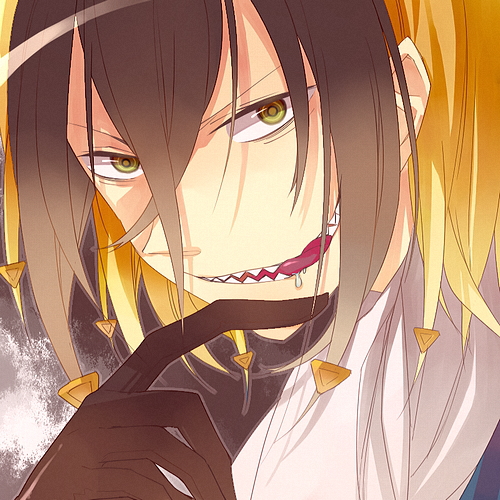 black_gloves blonde_hair drooling face gloves hair_between_eyes hair_ornament licking_lips looking_at_viewer lowres majin_tantei_nougami_neuro male_focus multicolored_hair nougami_neuro ringed_eyes saliva sharp_teeth solo teeth tongue tongue_out towa1 triangle two-tone_hair yellow_eyes