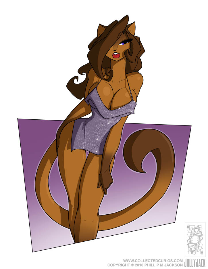 avoid_posting breasts brown_hair conditional_dnp dress feline female hair jollyjack long_hair mammal plain_background purple_eyes solo tail white_background