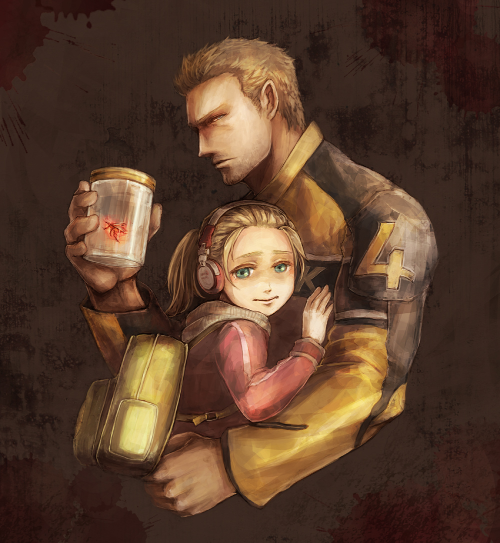 1girl backpack bag blonde_hair chuck_greene dead_rising dead_rising_2 father_and_daughter headphones hug jacket jar katey_greene nishi_yukari