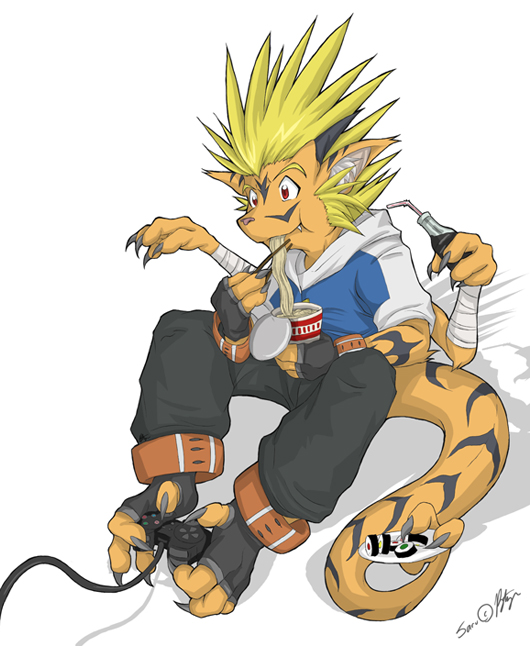 blonde_hair claws clothing cyber_zai dragon drinking eating gloves hair horns male multi_limb multiple_arms multitasking playing red_eyes saru scalie solo spiky_hair tail tail_hand